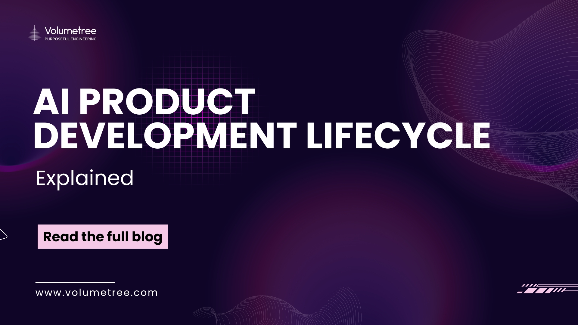 A dark purple and violet gradient banner with abstract wave lines and grid patterns representing technology and innovation. On the left, the Volumetree logo appears with the tagline “Purposeful Engineering.” Large bold white text in the center reads, “AI Product Development Lifecycle” with the word “Explained” written below in smaller text. A light pink button below the heading says “Read the full blog.” At the bottom left, the website URL “www.volumetree.com” is displayed. The overall design has a modern, futuristic look, highlighting AI, product engineering, and thought leadership content.