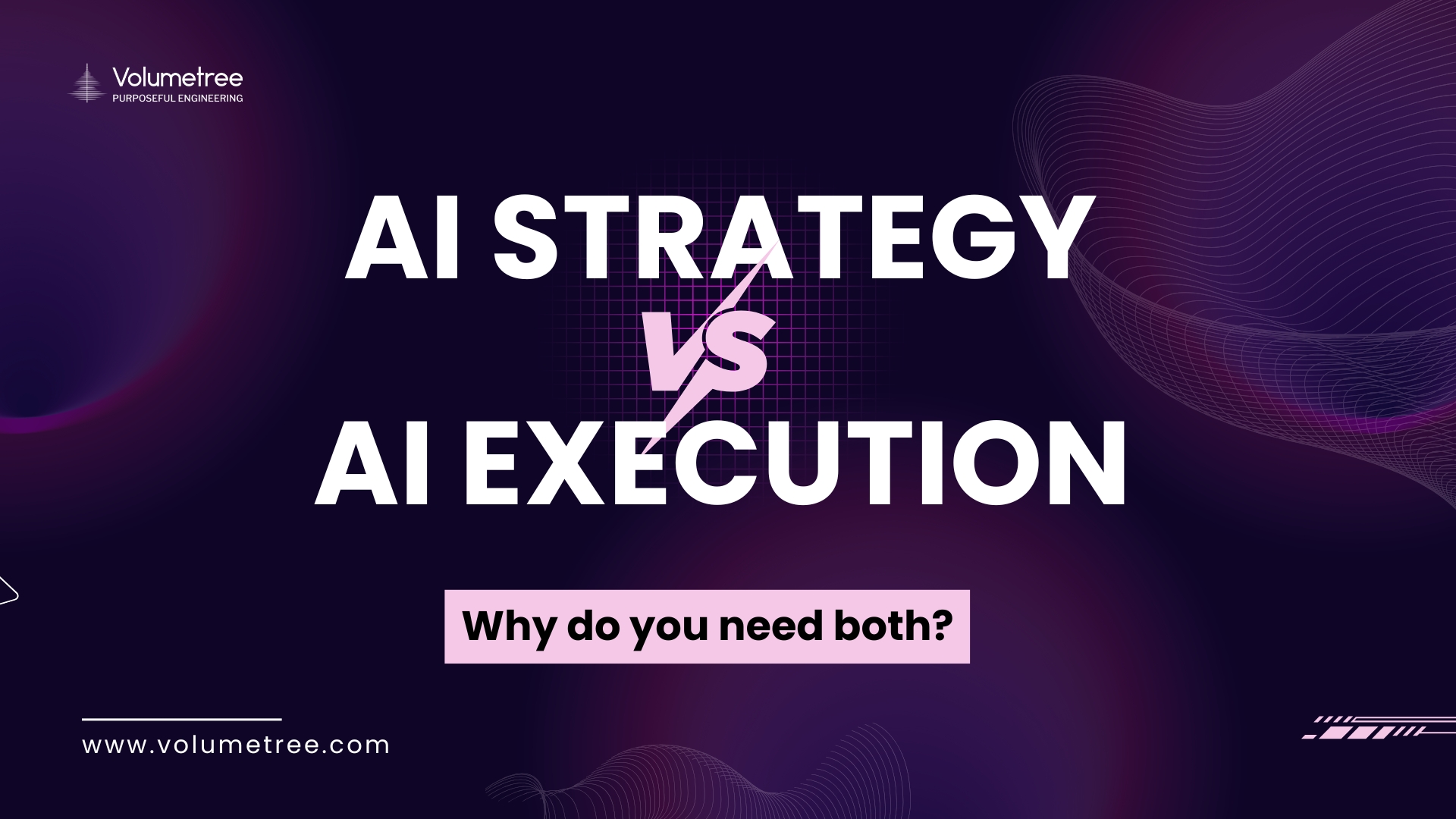 A dark purple and violet gradient banner with abstract wave lines and grid patterns representing technology and innovation. On the left, the Volumetree logo appears with the tagline “Purposeful Engineering.” Large bold white text in the center reads, “AI strategy vs AI execution” with the words “Why do you need both” written below in smaller text. A light pink button below the heading says “Read the full blog.” At the bottom left, the website URL “www.volumetree.com” is displayed. The overall design has a modern, futuristic look, highlighting AI, product engineering, and thought leadership content.