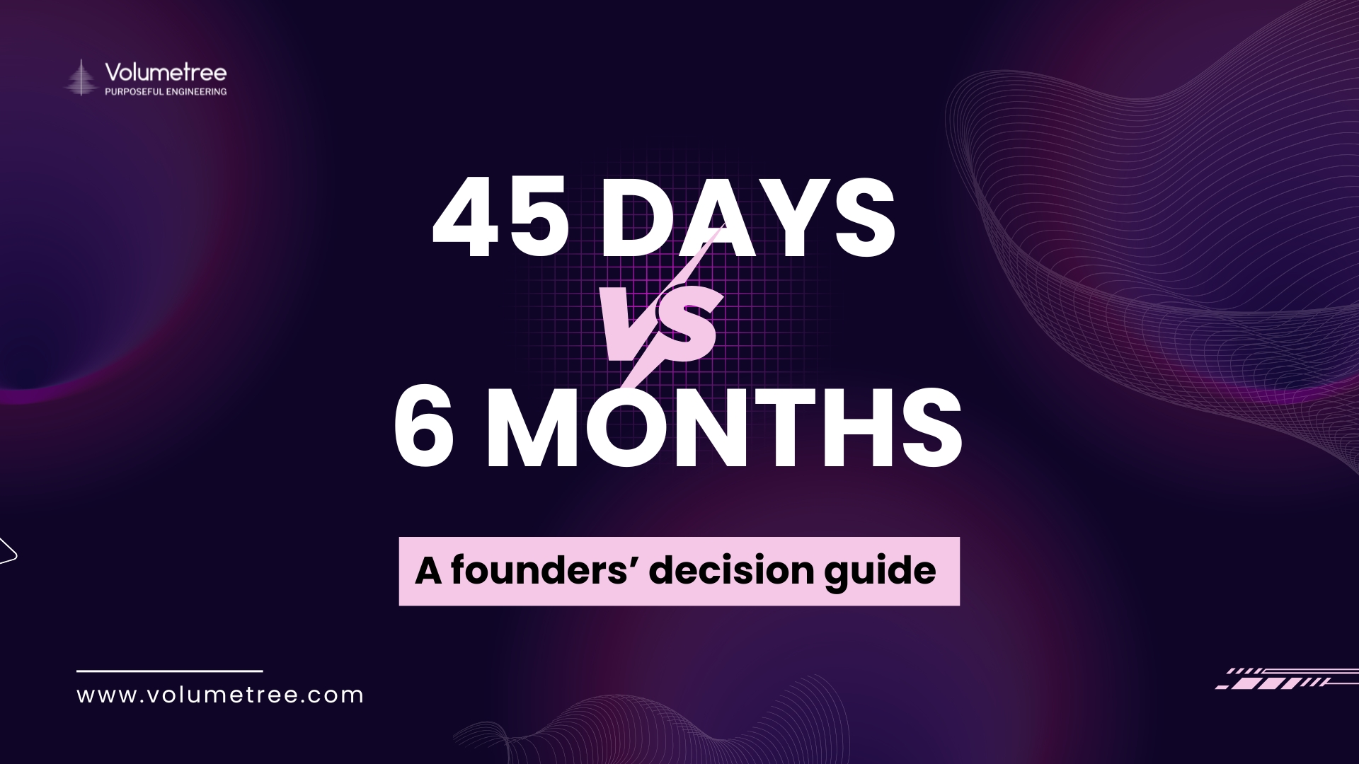 Graphic showing “Building in 45 days vs 6 months” with a bold comparison design and the question “A founders' decision guide” — highlighting startup strategy mistakes, product validation challenges, and the difference between idea-stage thinking and building a scalable product for real users.