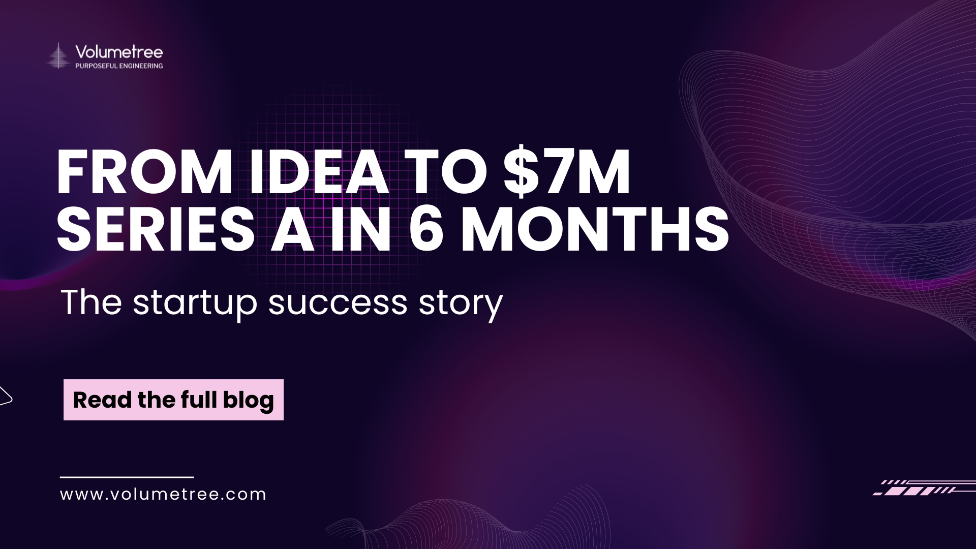 Volumetree blog cover with dark purple abstract background featuring wave and grid patterns, headline text ‘From idea to $7M Series A in 6 months with Volumetree,’ and subheading ‘The Startup success story’ promoting Volumetree’s expertise in AI, technology consulting, and startup scaling. Includes Volumetree logo with tagline ‘Purposeful Engineering,’ a pink call-to-action button reading ‘Read the full blog,’ and website URL www.volumetree.com. Volumetree, AI product development, startup tech partner, global technology consulting, expert access for startups, AI scaling solutions, purposeful engineering.