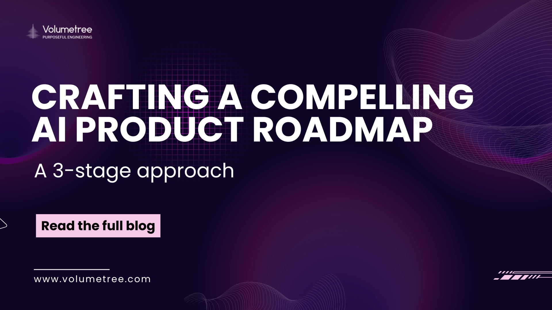Volumetree blog cover with dark purple abstract background featuring wave and grid patterns, headline text ‘crafting a compelling AI product roadmap’ and subheading ‘A 3-stage approach’ promoting Volumetree’s expertise in AI, technology consulting, and startup scaling. Includes Volumetree logo with tagline ‘Purposeful Engineering,’ a pink call-to-action button reading ‘Read the full blog,’ and website URL www.volumetree.com. Volumetree, AI product development, startup tech partner, global technology consulting, expert access for startups, AI scaling solutions, purposeful engineering.